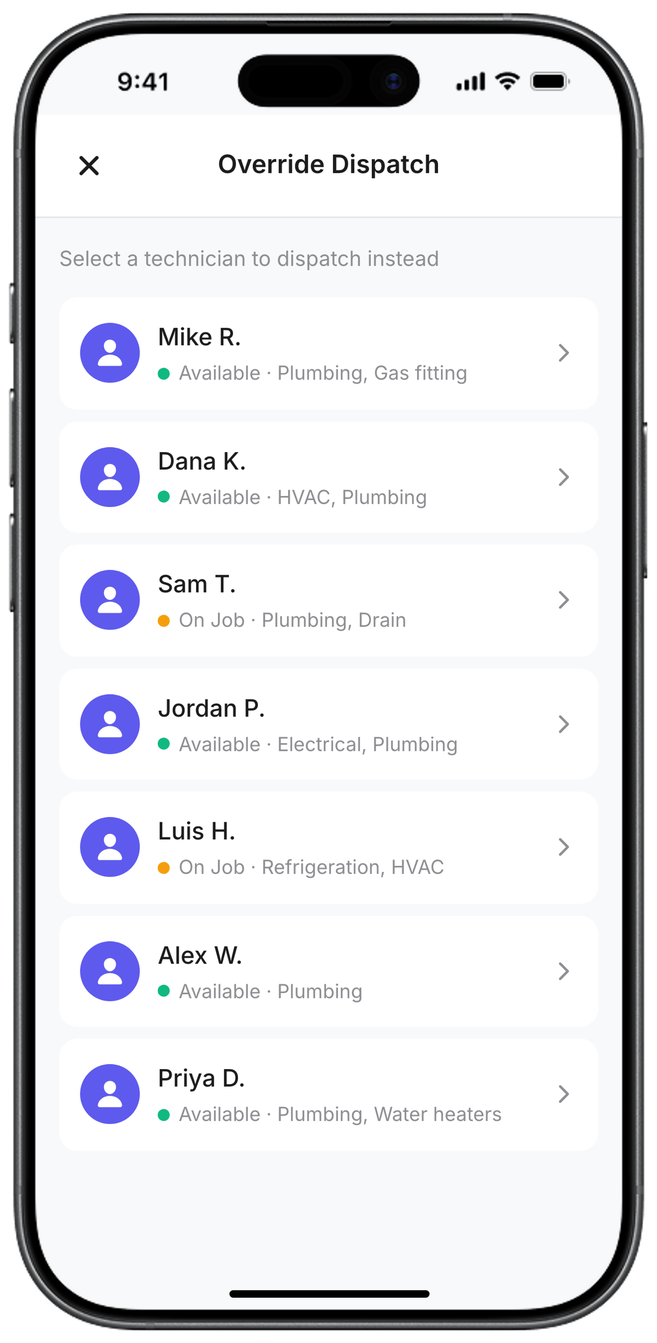 Owner's phone showing the Override Dispatch screen with a list of technicians, their availability, and trade skills.