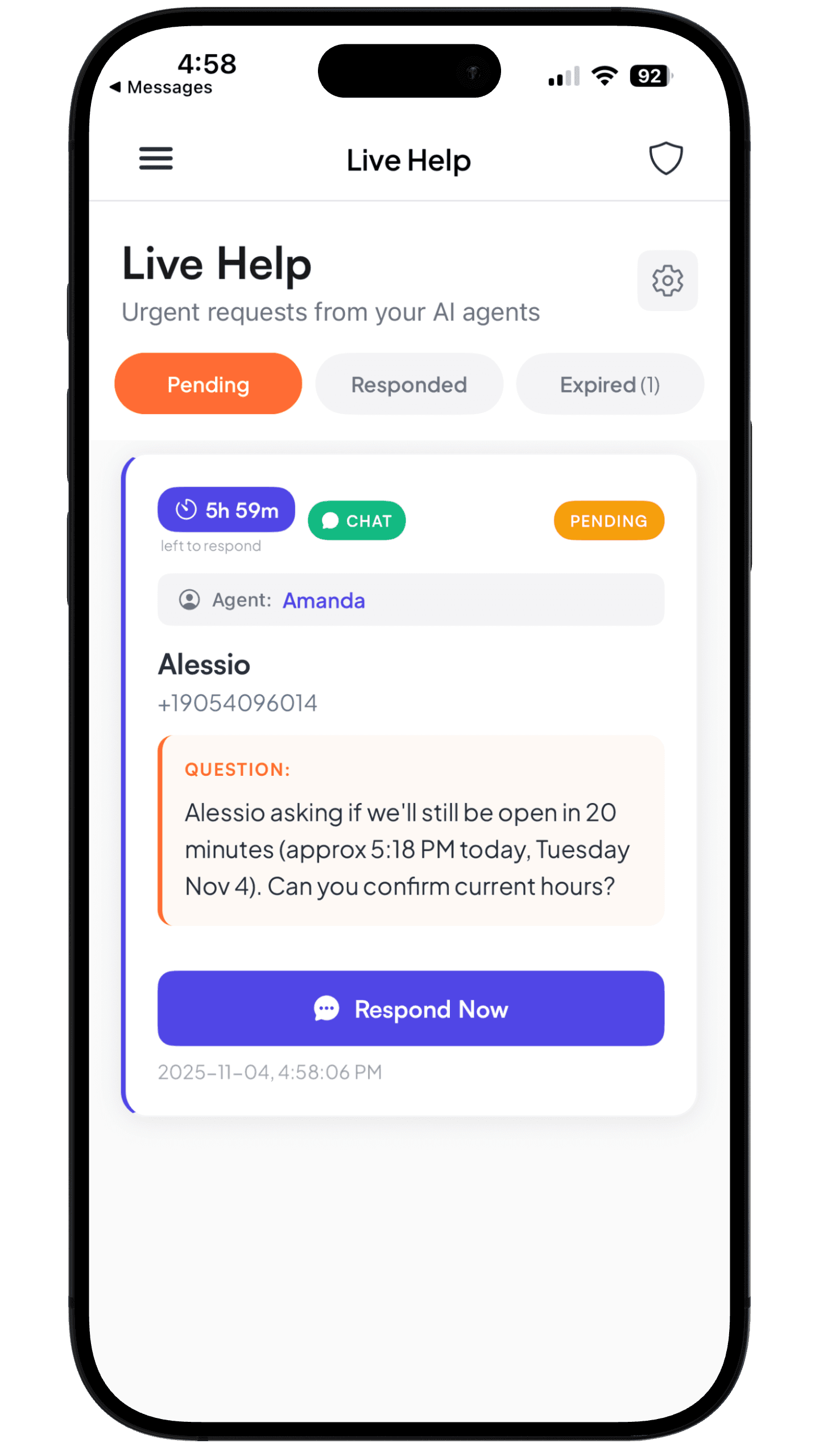 Live Help dashboard showing an urgent customer request
